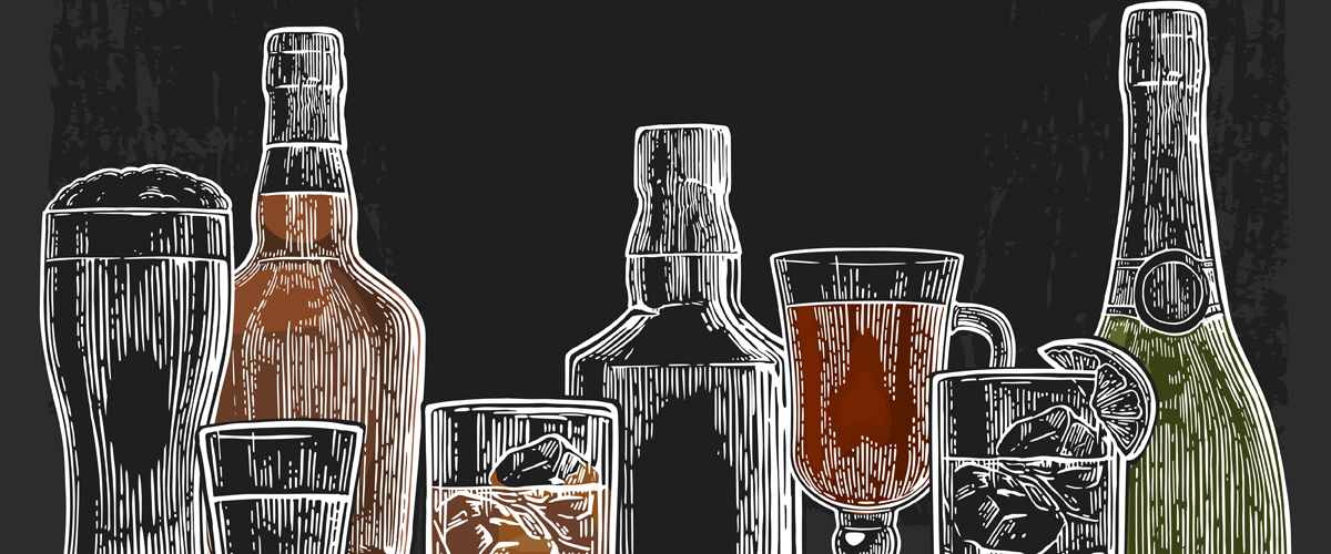 Illustration of bottles and glasses on a bar