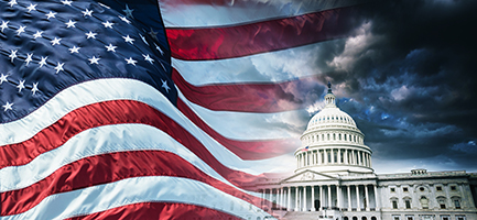 US flag and Washington DC state capitol building